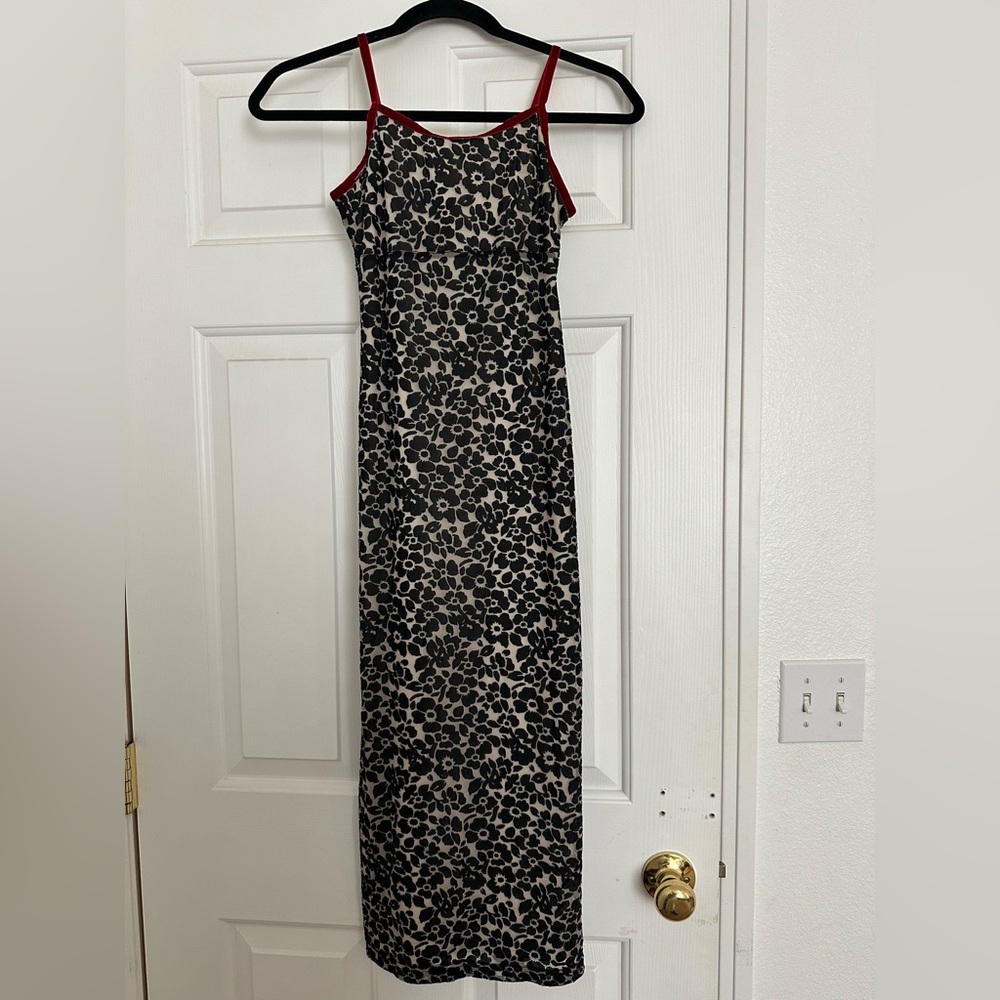 Y2K Black Velvet Floral Maxi Dress with Red Trim - Women